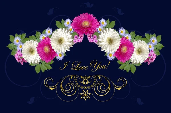 Crimson and white gerberas, purple asters and gold ornament with greeting I Love you on  dark blue background — Stock Photo, Image