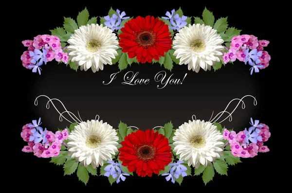 Gerberas, lila Immergrün und rosa Phloxe mit Gruß ich liebe dich auf schwarzem Hintergrund — Stockfoto