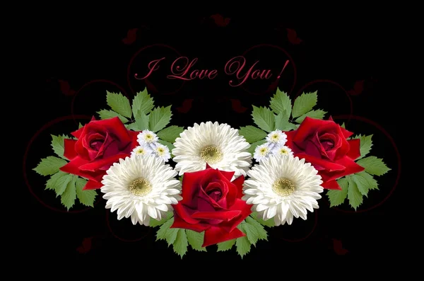 Greeting card with red roses and white gerberas on a black background — Stock Photo, Image