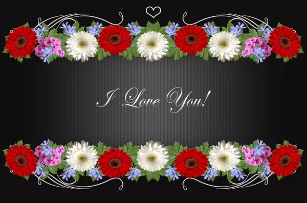 Garlands of  gerberas, periwinkle and phlox with the greeting I love you on striped black background — Stock Photo, Image