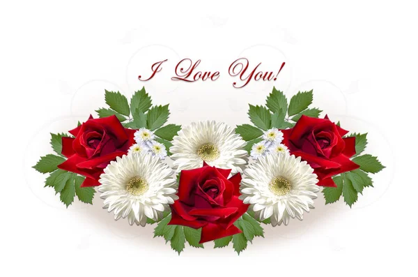 Card with red roses and white gerberas  on a white background — Stock Photo, Image