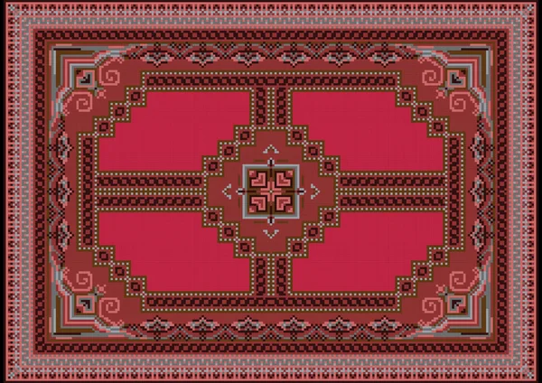 Tapis avec du rouge au milieu et un motif avec des tons gris et rose sale le long des bords — Image vectorielle