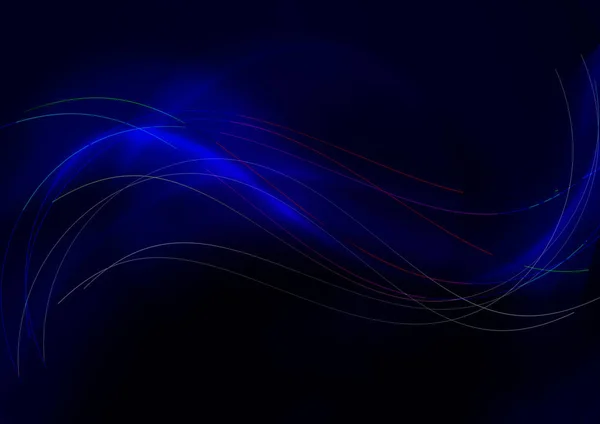 Abstract thin intersecting wavy rainbow stripes cover smooth glowing bluish waves on a dark blue background — ストック写真