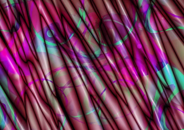 Satin brown background, collected from convex folds and covered with transparent, green, purple, burgundy and blue wavy stripes and spots — ストック写真