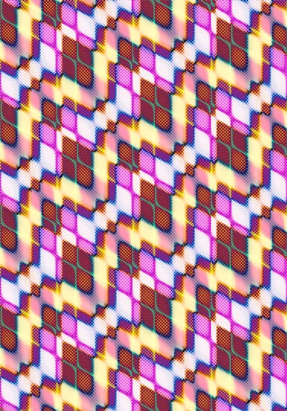 Background assembled at the intersection angle of orange,red,yellow, white, crimson blurred rhombuses and covered with a halftone pattern texture from circles — Stock Photo, Image