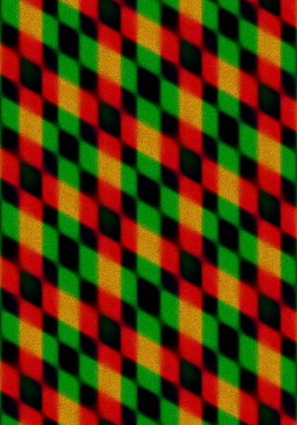 Heller Hintergrund roter, grüner und schwarzer Rauten, die sich schräg überschneiden und mit schwarzen Punkten bedeckt sind — Stockfoto