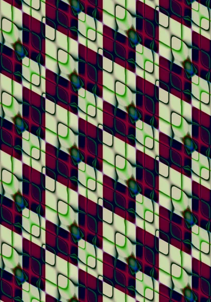 Background assembled at an angle of light green and black rhombuses covered with iridescent,intersecting green with burgundy rhombuses-shaped cells — Stock Photo, Image