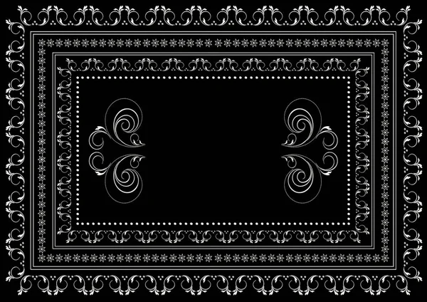 White frame with borders from a pattern with curved stripes and leaves and a borders of stars in a double frame on a black background — Stock Photo, Image