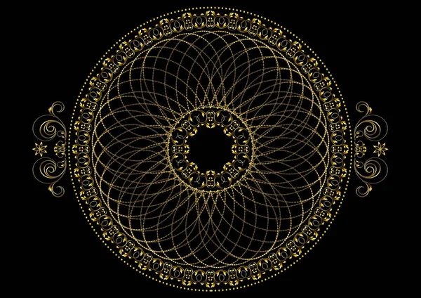 Золота рамка з круглим орнаментом в центрі з пересічними вигнутими пунктирними смугами і кордоном вигнутих смуг з листям в рамці з бісеру на чорному тлі — стокове фото