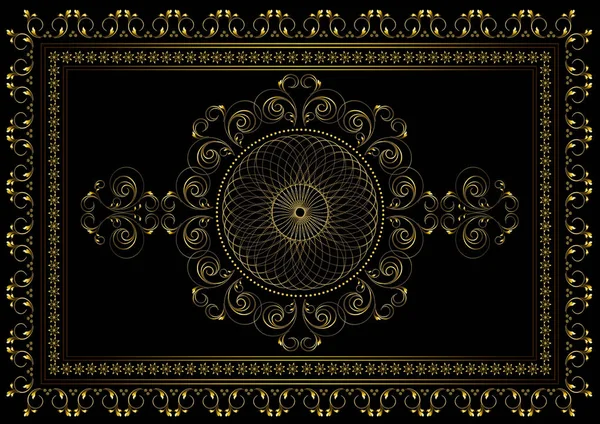 Gold frame with interlocking oval ornament in the center and a border of curved strips with leaves and stars in a double frame on a black background — ストック写真