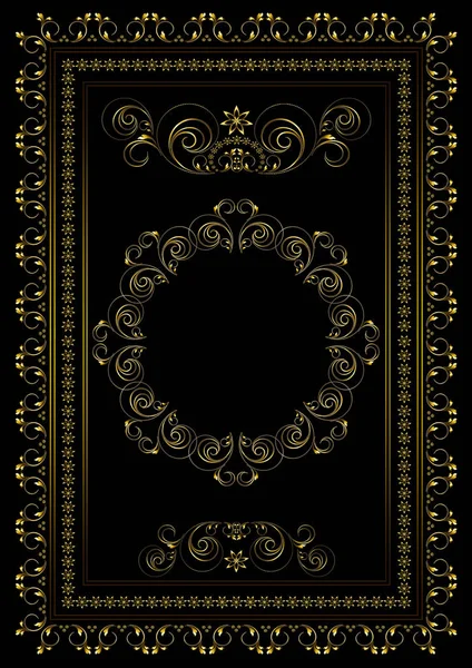 Gold frame with borders of swirling strips, leaves and stars with oval ornament in the center on a black background — Stock Photo, Image