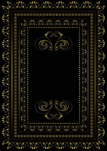 Luksusowa złota ramka z brzegami z wzorem z zakrzywionymi paskami i liśćmi oraz brzegami gwiazd w podwójnej ramce na czarnym tle — Zdjęcie stockowe