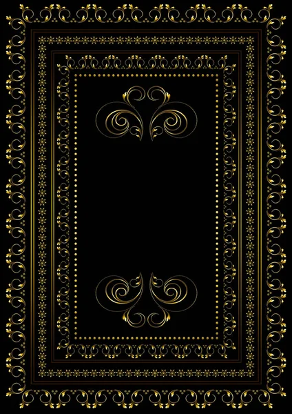 Quadro de ouro de luxo com bordas de padrão com listras curvas e folhas e bordas de estrelas em quadro duplo sobre fundo preto — Fotografia de Stock
