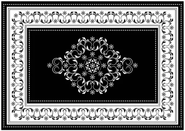 Luxury black frame with white oval ornament in the center of spiral twigs and white border with black pattern — ストック写真