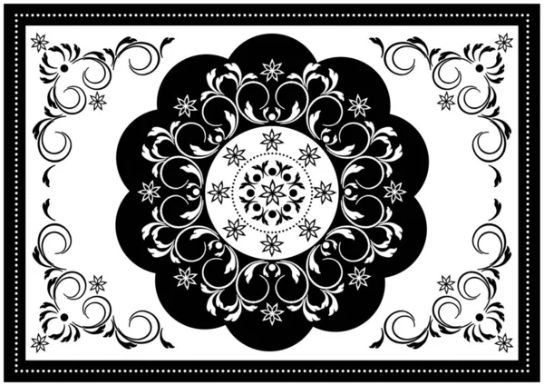 Luxury white frame with black wavy oval border and white pattern in the center of the spiral strips with leaves and black border with white beads — ストック写真