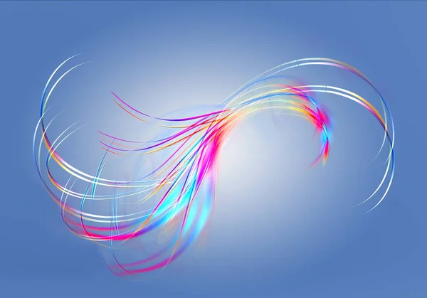 明るい虹色のツイスト波線は、青いグラデーションの背景にファンの形で交差します。 — ストック写真