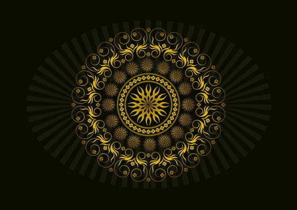 Round frame ornament of golden calligraphically swirling lines with flowers, twigs and leaves and dotted circles on black background — Stock Photo, Image