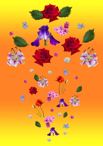 明るいオレンジ 大小のユリ 赤いバラ 紫の虹彩 ペリウィンクル キャスター フロックスと休暇の散乱と黄色の背景 — ストック写真