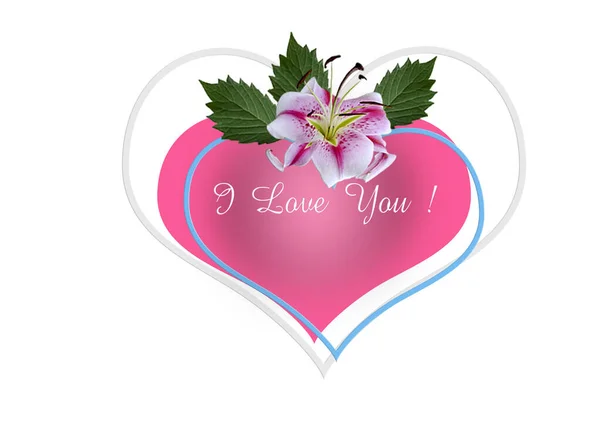 White Background White Pink Lily Leaves Inscription Love You White — Stock Photo, Image