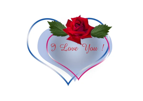 Red Rose Leaves Inscription Love You Frame Hearts Red Blue — Stock Photo, Image