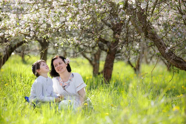 Mujer joven y su hijo descansando en el jardín de manzanas de primavera — Foto de Stock