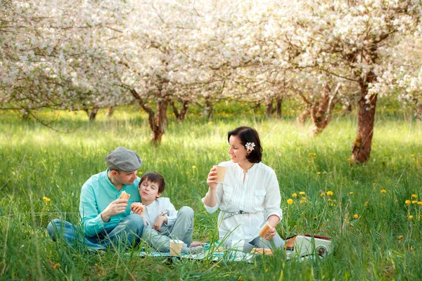 Família jovem piquenique no jardim de maçã florescendo — Fotografia de Stock