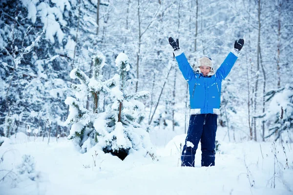Roztomilý malý kluk na sobě teplé oblečení na zimní les — Stock fotografie