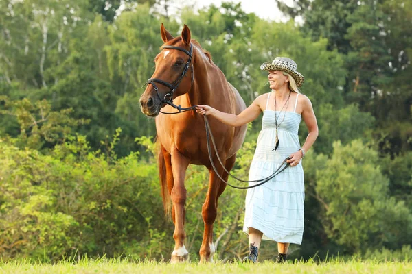 Woman Lead Her Horse Parsure Summer Afternoon — Stock Photo, Image