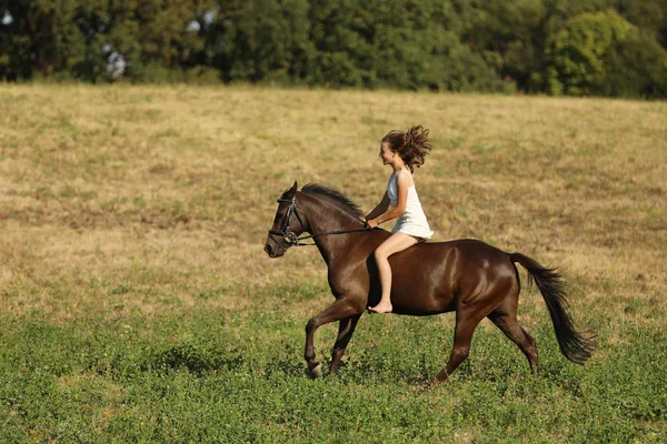 若いです女の子で白いドレス馬の上で実行しています鞍のない夏の午後の牧草地を通って — ストック写真