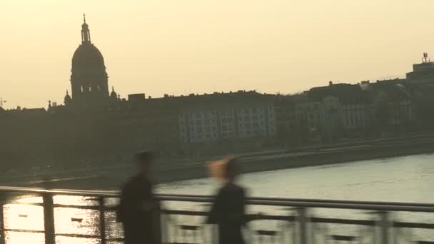 Rijn Duitsland beschoten vanuit een busraam op een brug. Grote Europese rivier. — Stockvideo