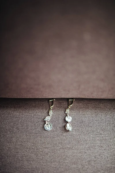 Accesorios de novia para boda, pendientes sobre fondo marrón — Foto de Stock