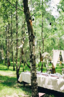 çiçekler, orman ağaçlarında dekorasyon, ormanın içinde düğün tablo ile şişe