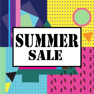 Memphis tarzı süper Satılık modern afiş. Şablon Satılık. Büyük satış. Özel Fırsat. 50 faiz indirimli kadar. Parlak renkler bir el ilanı.