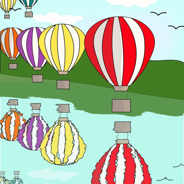 sıcak hava balonu nehir vektör çizim arka plan tebrik kartı