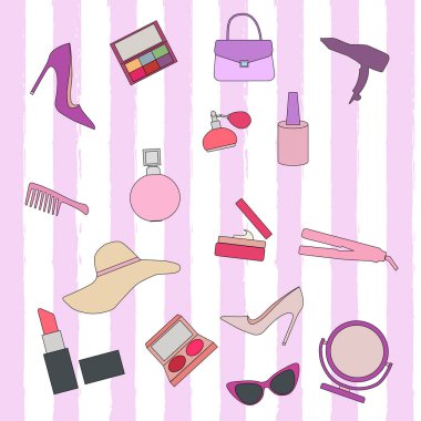 Elle çizilmiş moda seti. Kozmetik topluluğu: tırnak cilası, maskara, ruj,