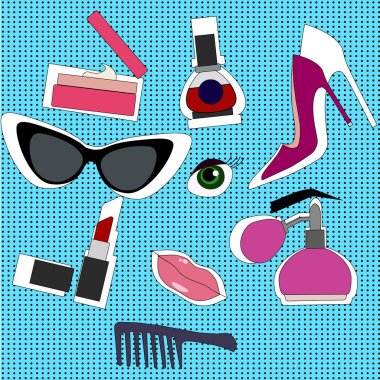 Elle çizilmiş moda seti. Kozmetik topluluğu: tırnak cilası, maskara, ruj,