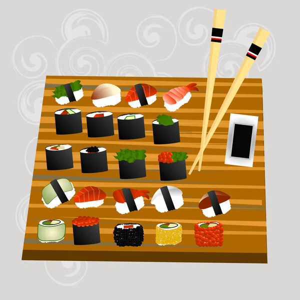 Set de sushi, mariscos, maki y rollitos japones — Vector de stock