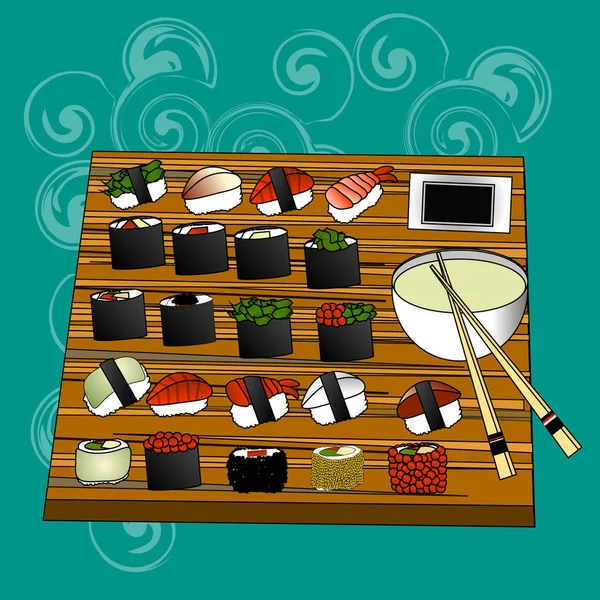 Set de sushi, mariscos, maki y rollitos japones — Vector de stock