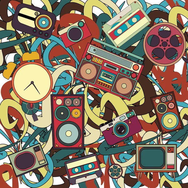 Sevimli çizgi film el çizilmiş müzik desen doodles. Renkli, ile lots-in nesneleri arka plan komik vektör çizim ayrıntılı. Parlak renkler zemin ile müzik simgeler ve öğeleri