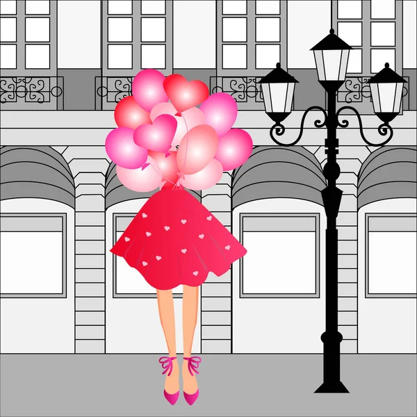 Linda chica rizada con globos , — Vector de stock