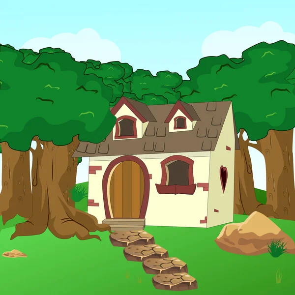Paisaje rural de cabaña de bosque de dibujos animados — Vector de stock