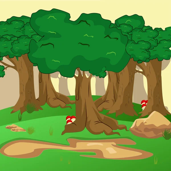 Bosque escena con rastro en el bosque ilustración — Vector de stock