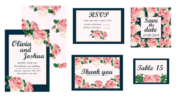 Suite de carte d'invitation de mariage avec fleur de marguerite — Image vectorielle