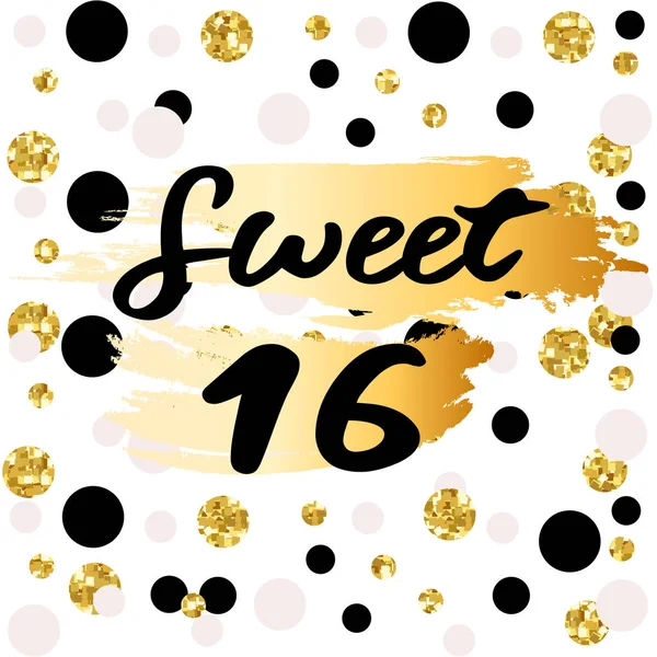 Aranyos ünnepi világos sweet sixteen kártya arany csillám — Stock Vector