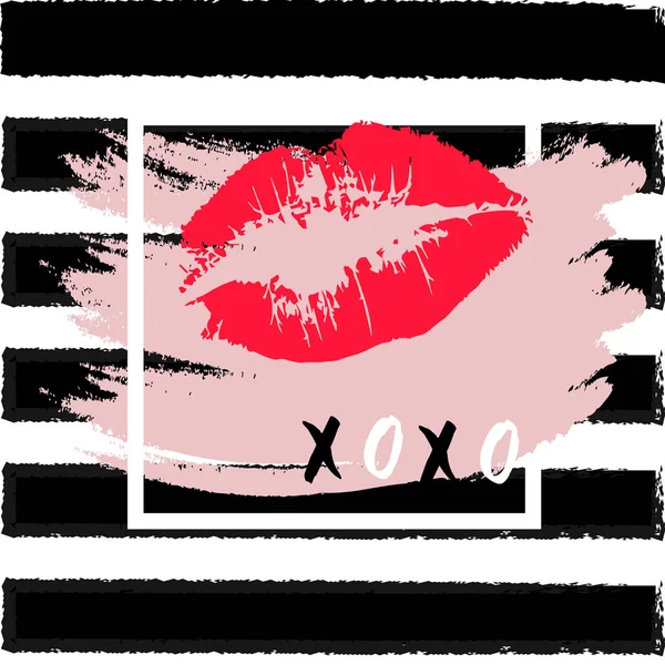 XOXO abrazos y besos lápiz labial beso sobre un fondo blanco . — Vector de stock