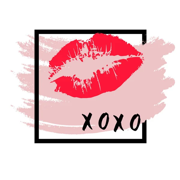 XOXO abrazos y besos lápiz labial beso sobre un fondo blanco . — Vector de stock