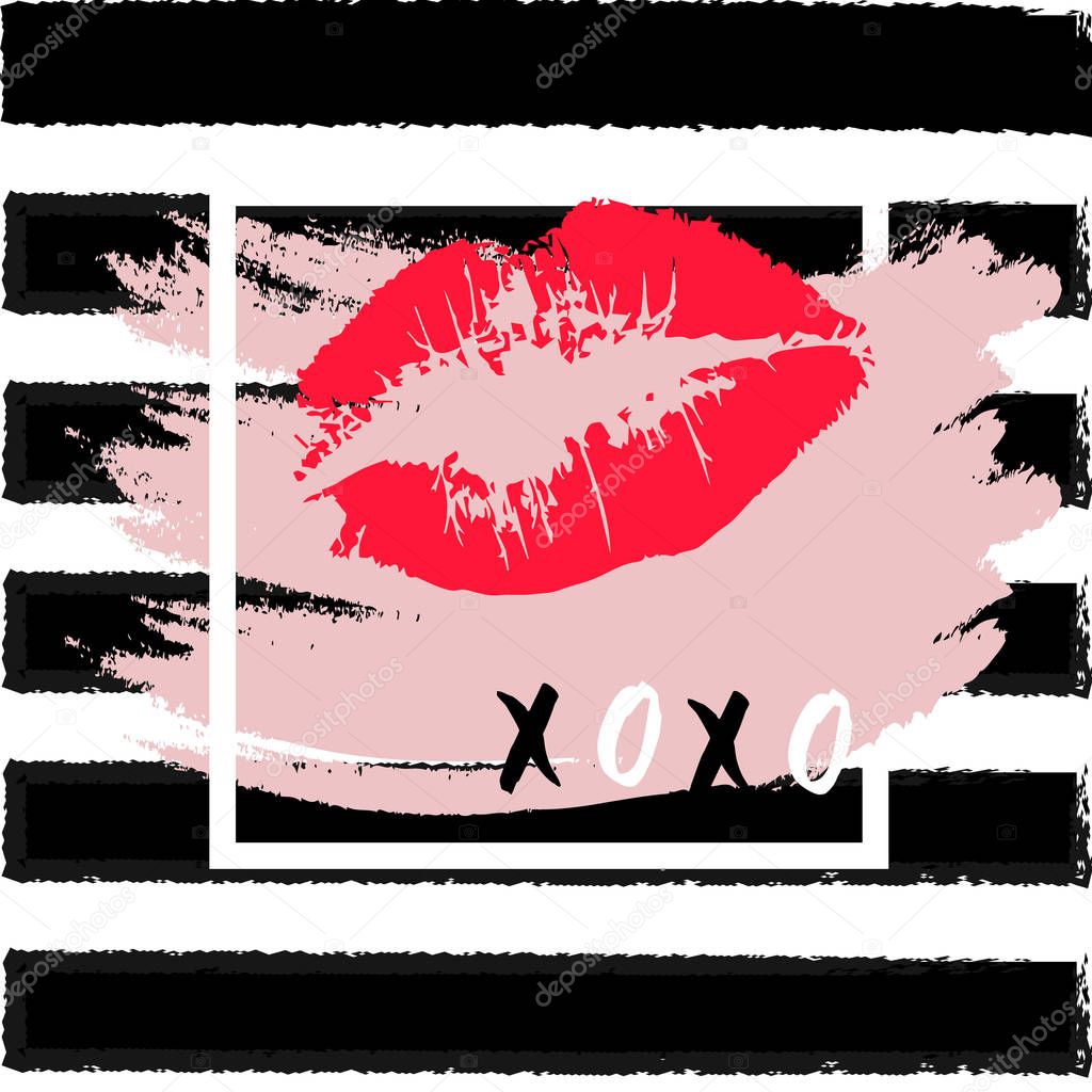 XOXO hugs and kisses lipstick kiss on a white background.