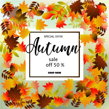 Renkli sonbahar yaprakları ile sonbahar satışı büyük başlığı.