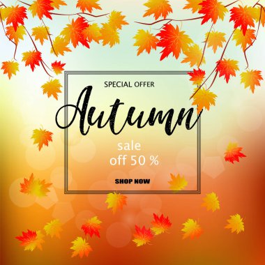 Renkli sonbahar yaprakları ile sonbahar satışı büyük başlığı.