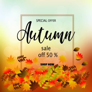 Renkli sonbahar yaprakları ile sonbahar satışı büyük başlığı.